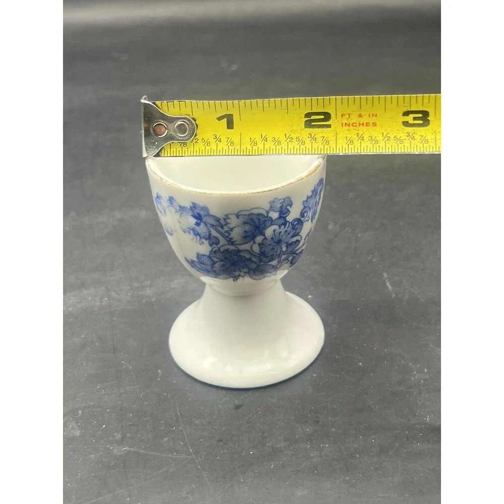 Vintage Blue White Porcelain Egg Cups Set of 2 Floral Transferware Gold Trim